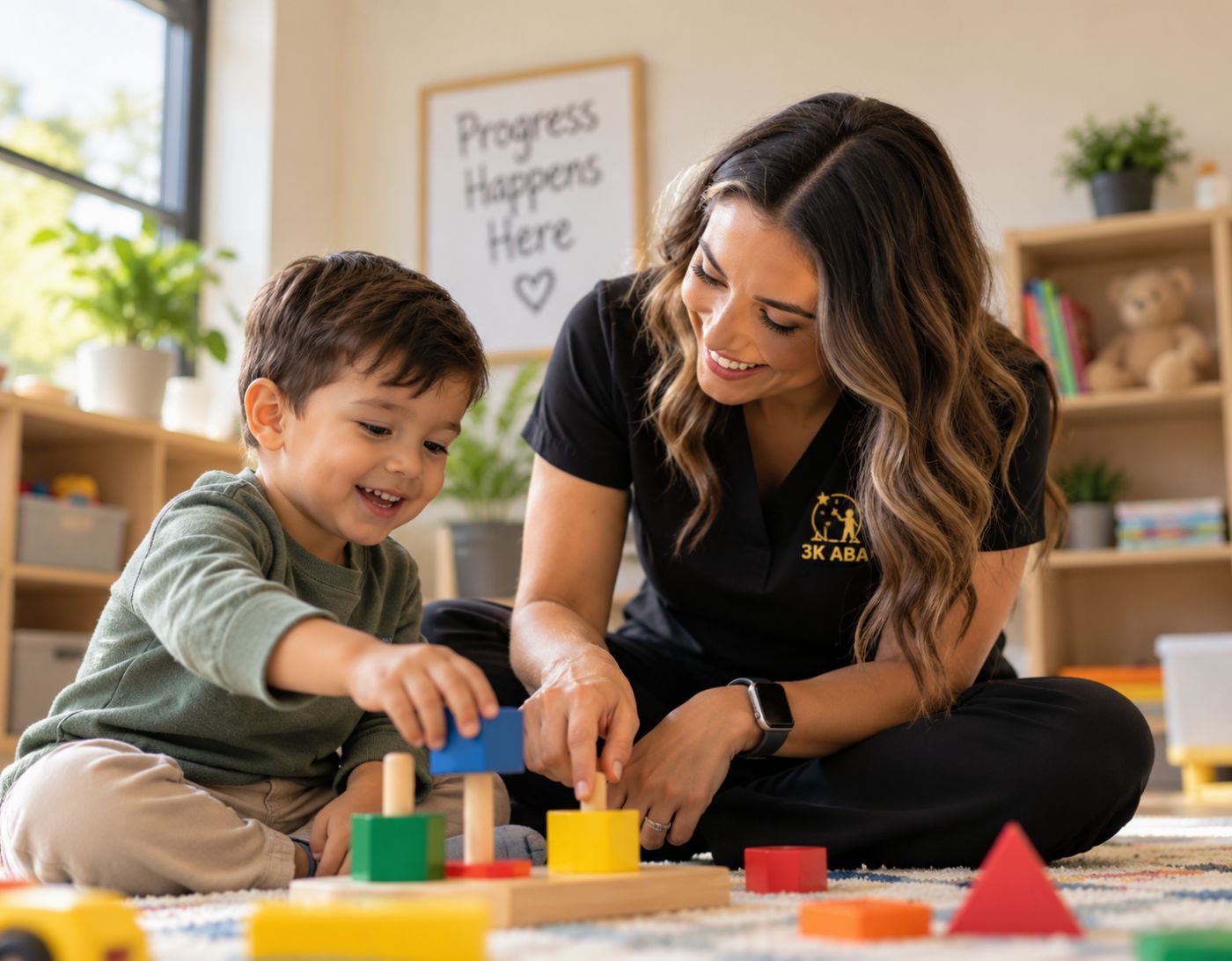 Therapist working with a child using stacking blocks