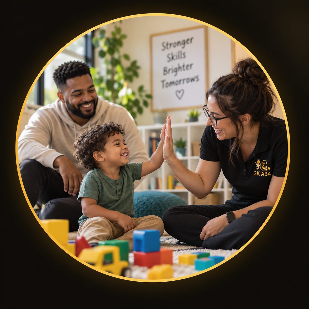 Therapist high-fiving a child while a parent watches