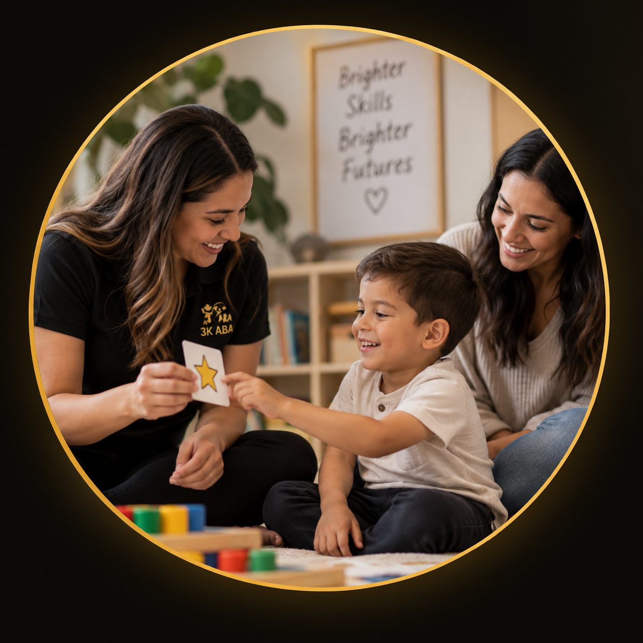 3K ABA therapist and parent working with a child using a star card