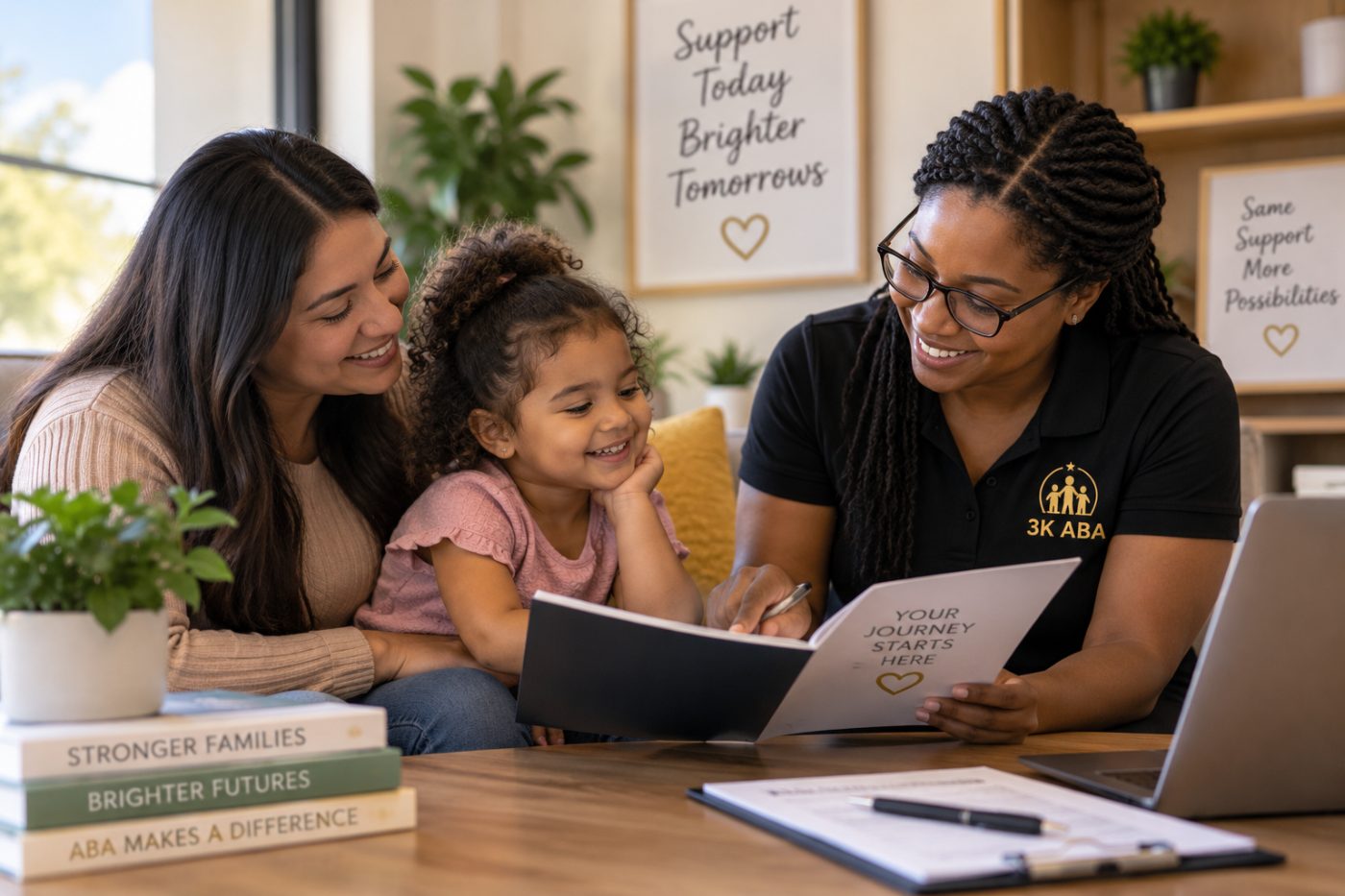 Therapist reviewing a getting-started guide with a mother and daughter
