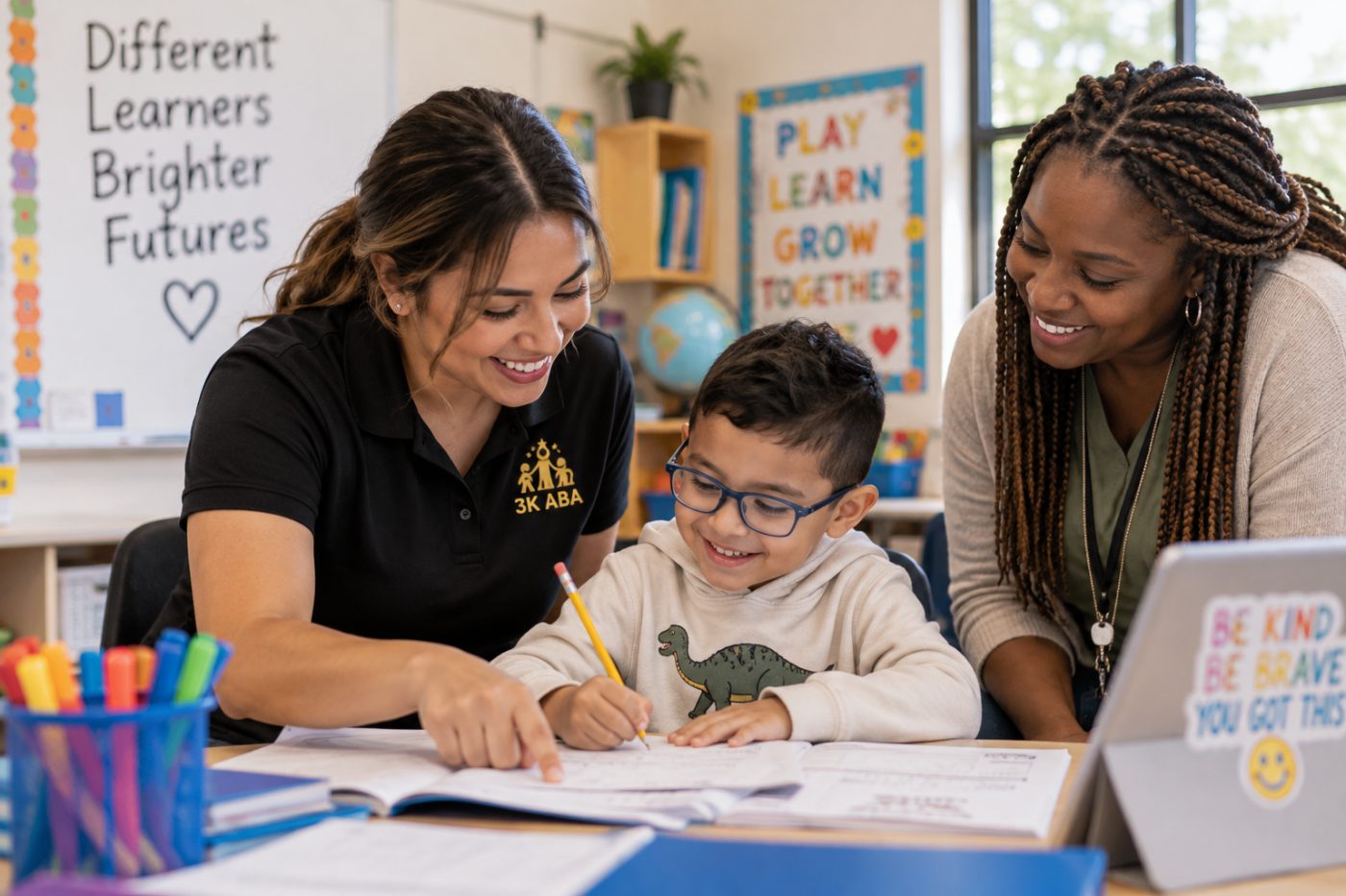 Therapist and teacher supporting a student in the classroom